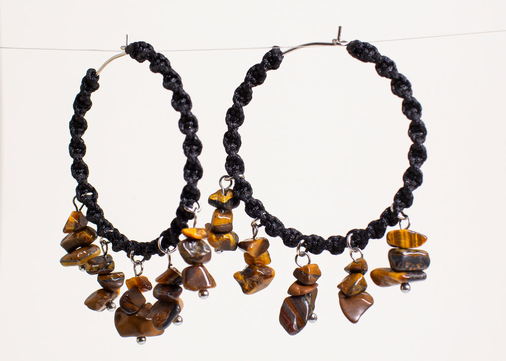 Tiger Eye Macrame Chandelier Hoop Earrings