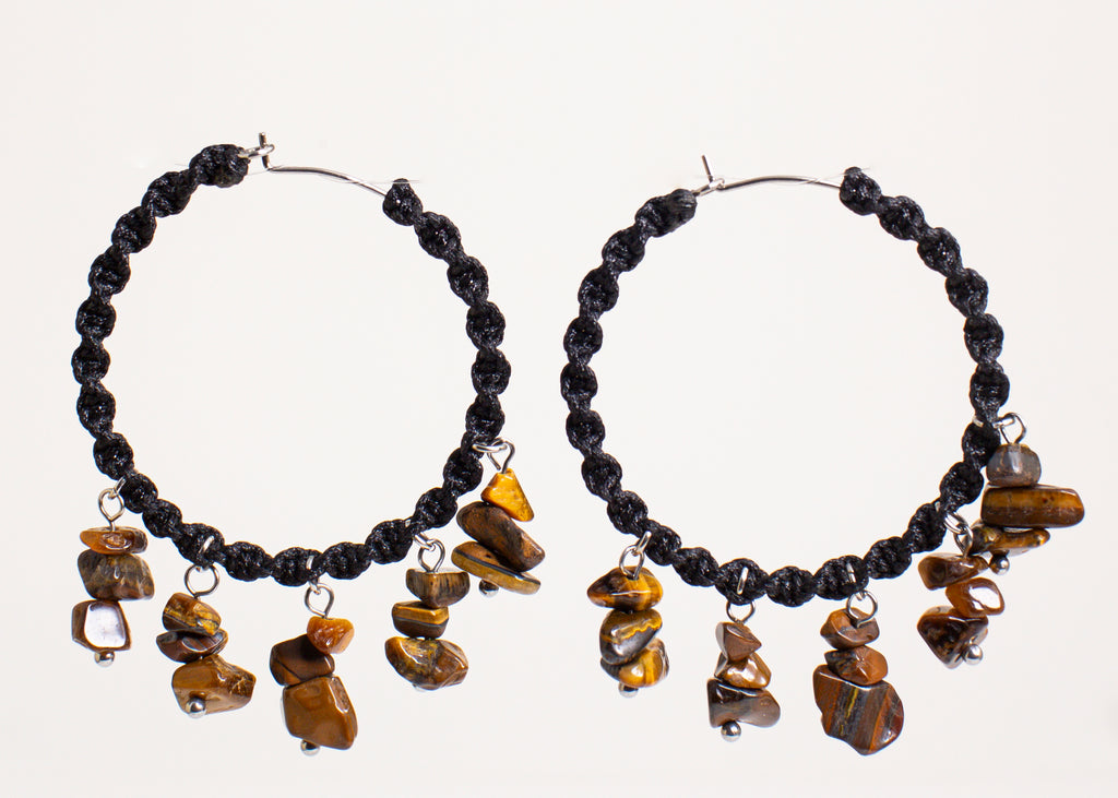 Tiger Eye Macrame Chandelier Hoop Earrings
