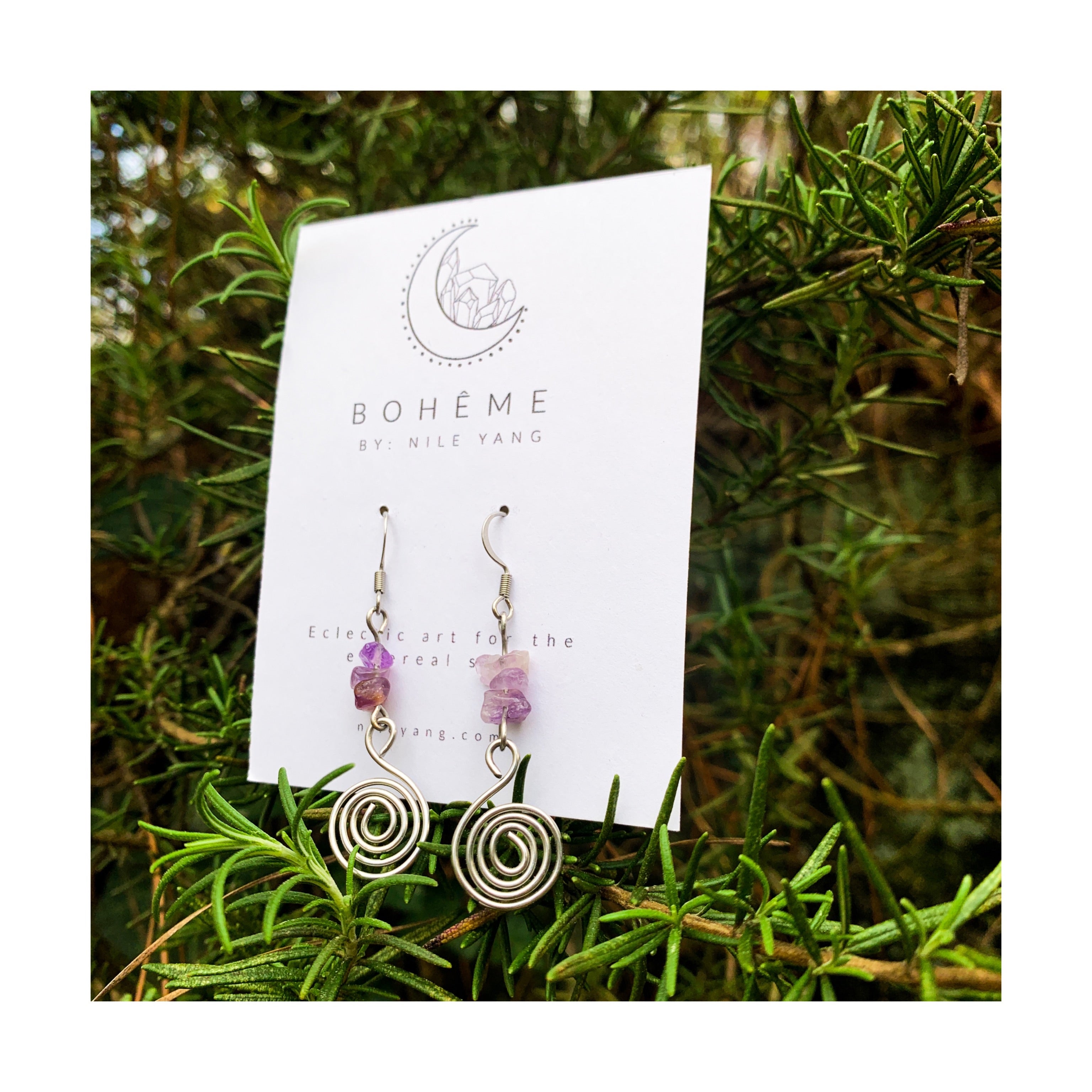 Amethyst Chip Spiral Dangle Earrings